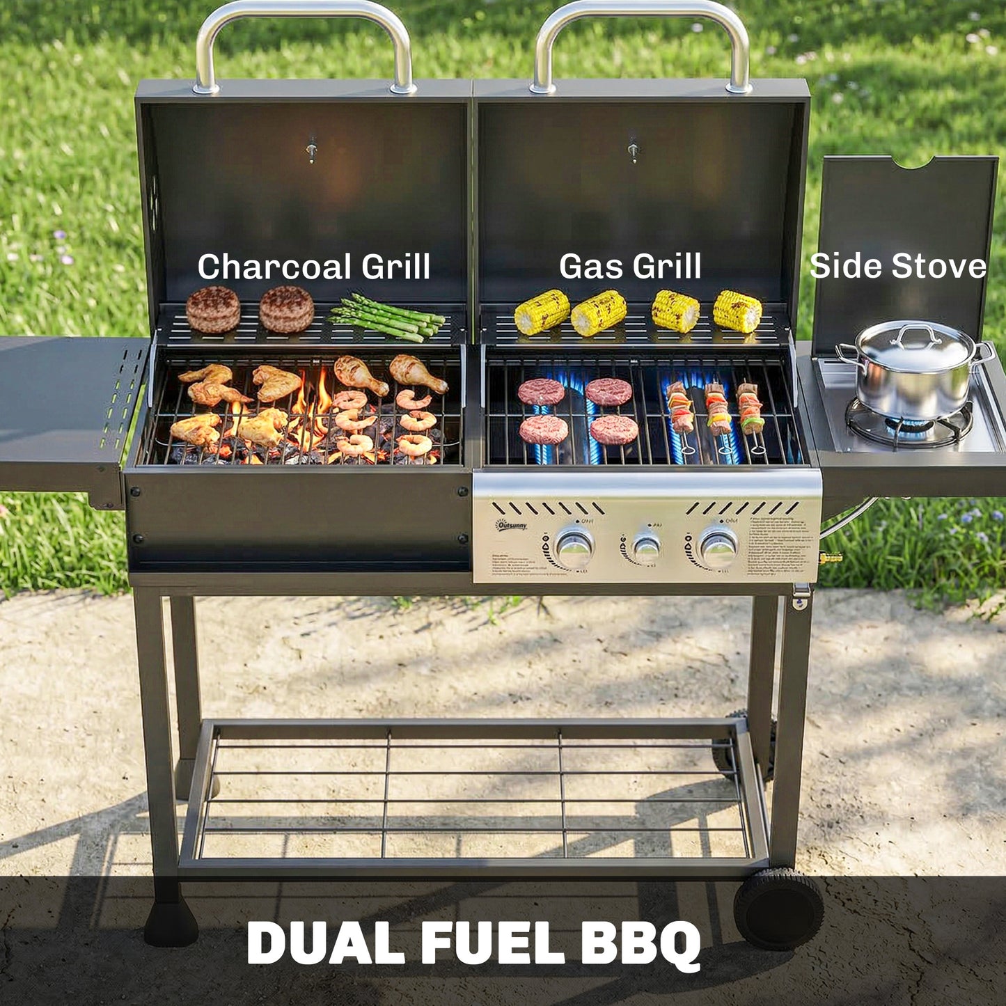 Barbecue combiné charbon et gaz 2 brûleurs avec roulettes