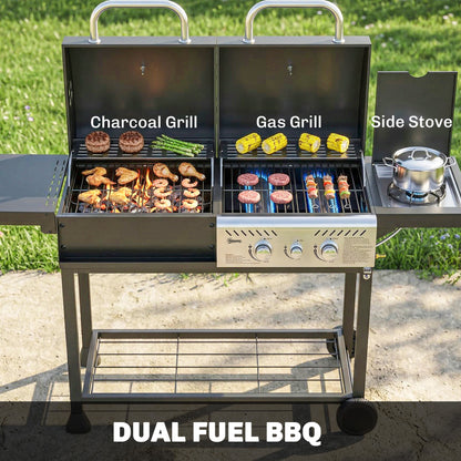 Barbecue combiné charbon et gaz 2 brûleurs avec roulettes