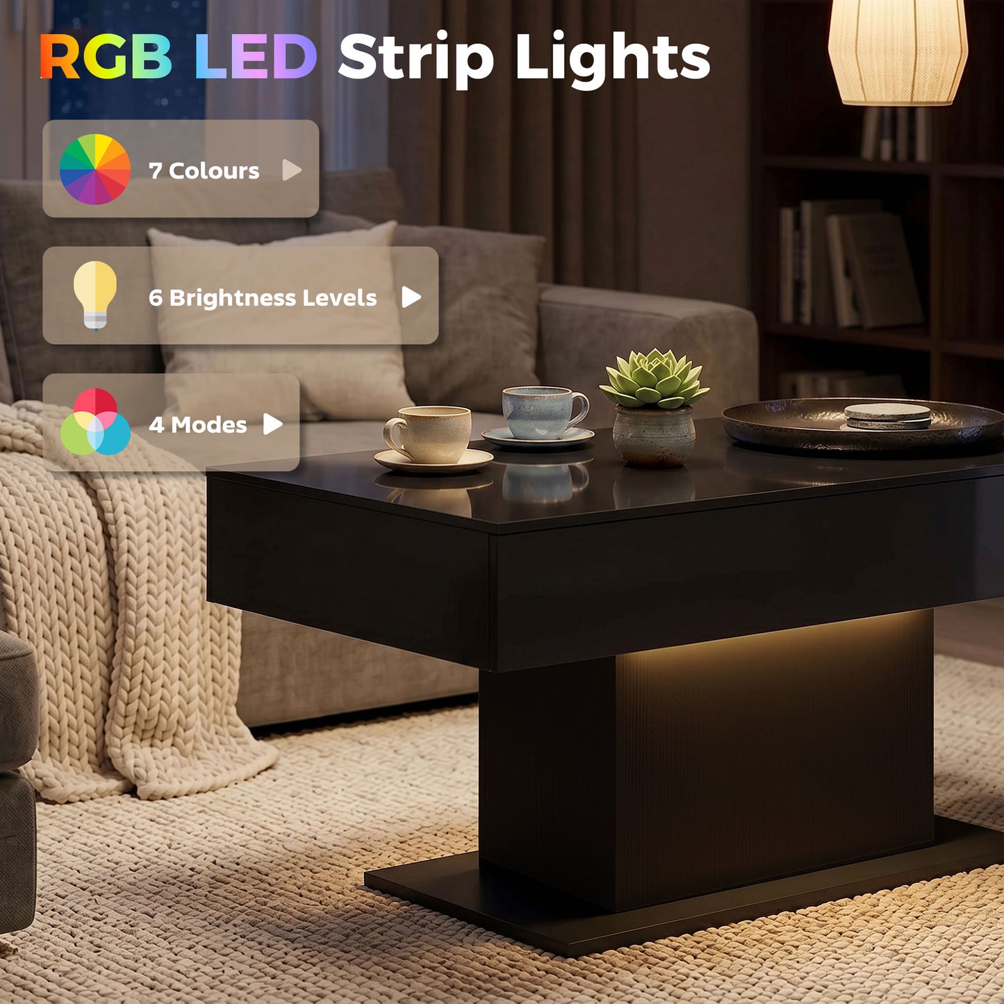 Table de salon DEL RGB avec 2 tiroirs haute brillance
