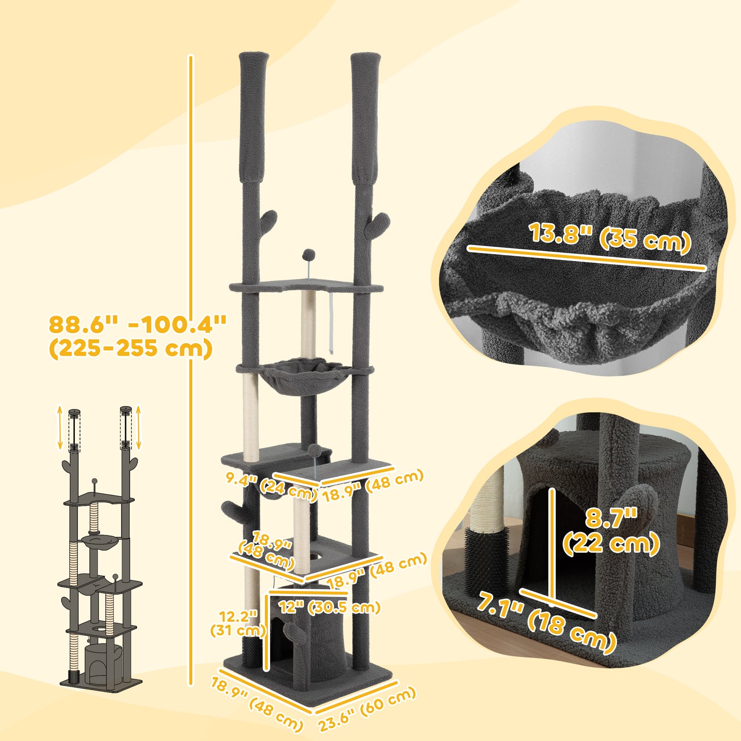 Arbre à chat plafond-sol ajustable 225-255cm avec hamacs
