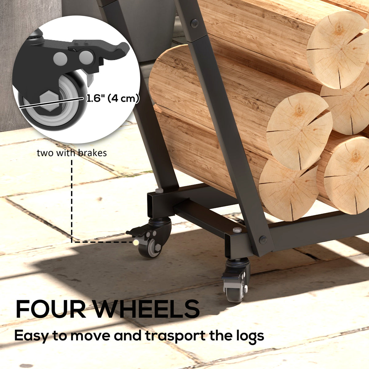 Porte-bûches extérieur sur roulettes en métal robuste