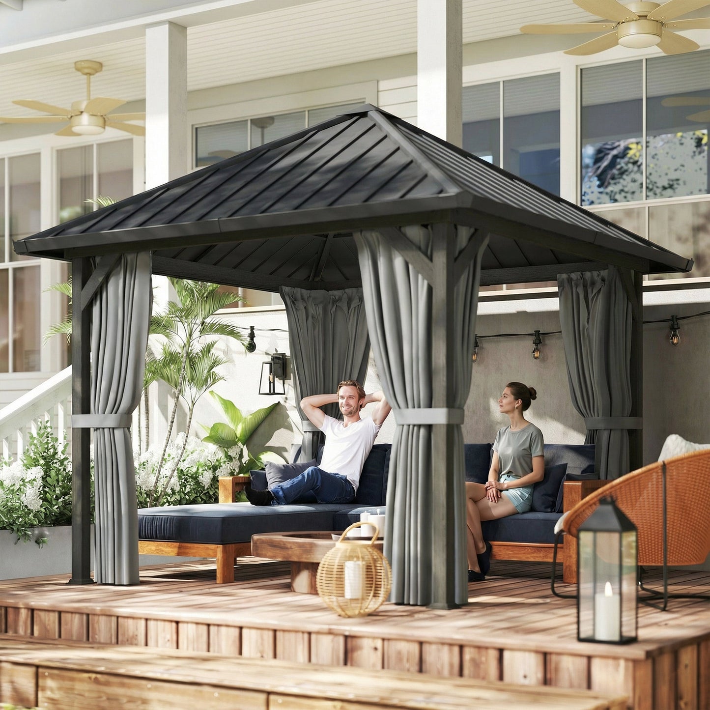 Gazebo toit rigide galvanisé avec filet et rideaux