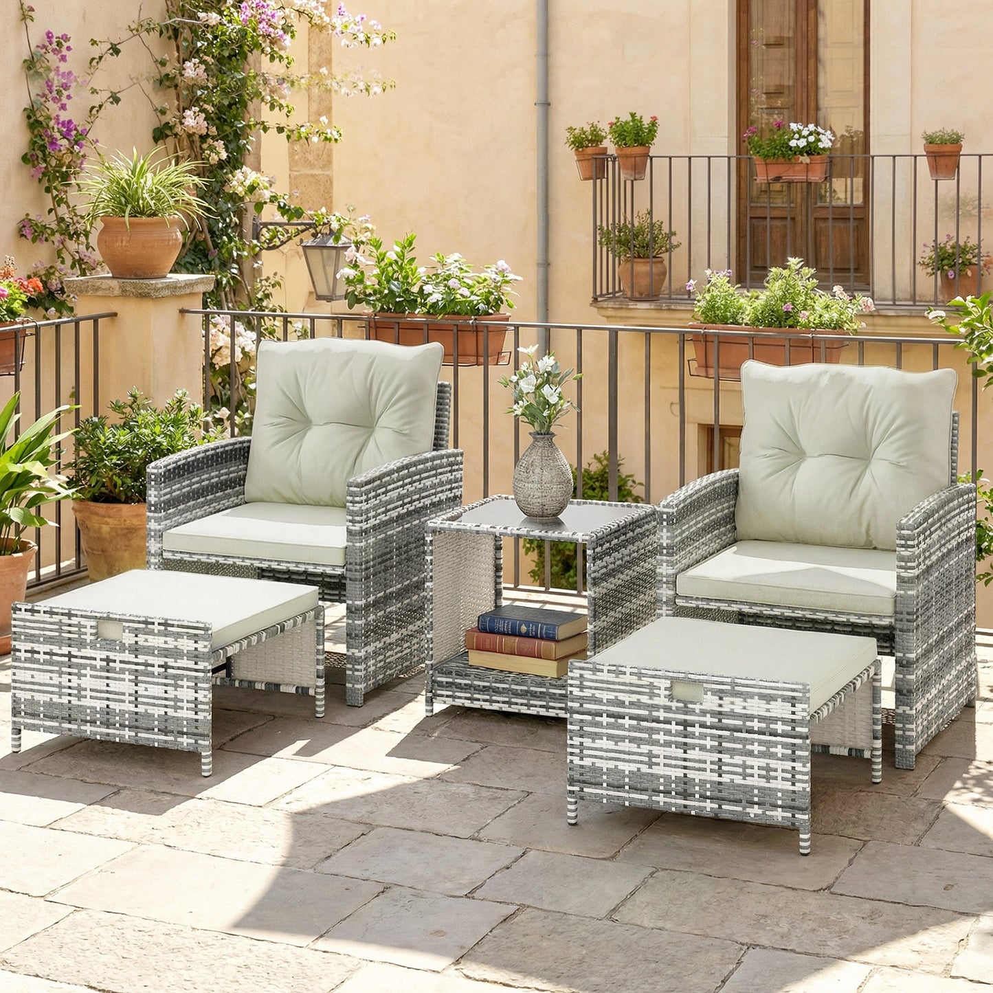 Outsunny 5-Piece Rattan Patio Set - Chairs + Ottomans + Glass Table