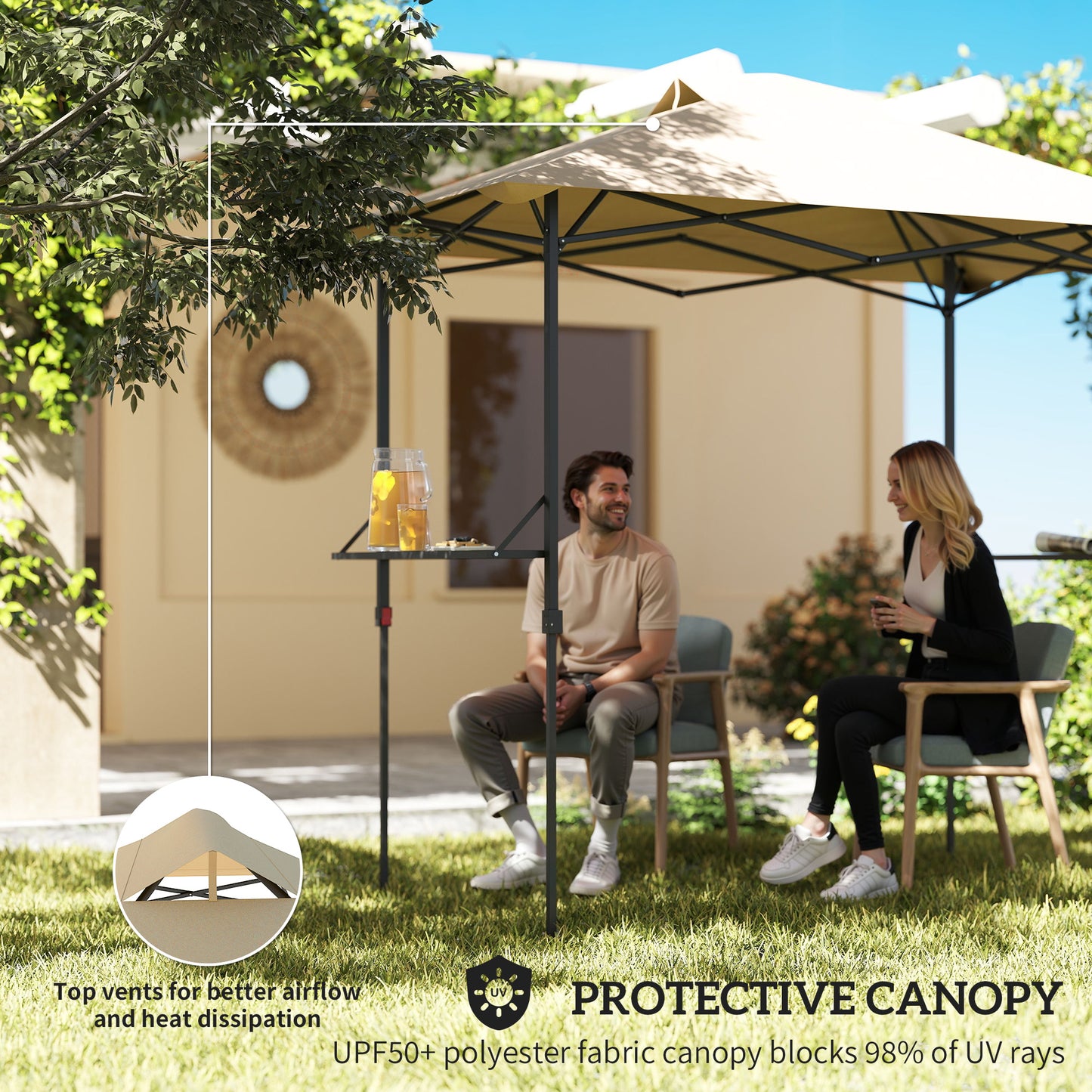 Gazebo de barbecue escamotable UPF 50+ avec 2 tablettes