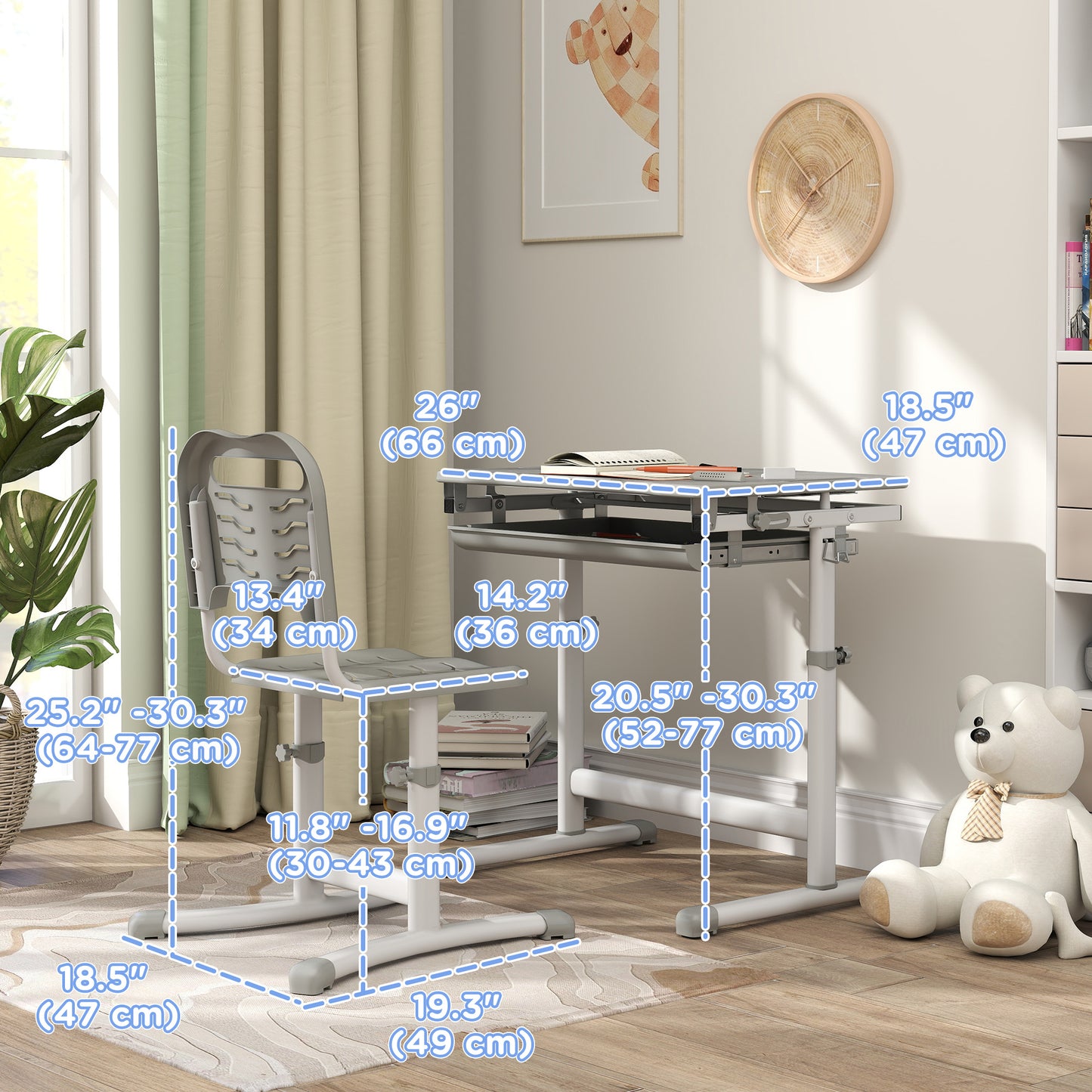 Bureau d'étude ajustable avec chaise et tiroir enfant