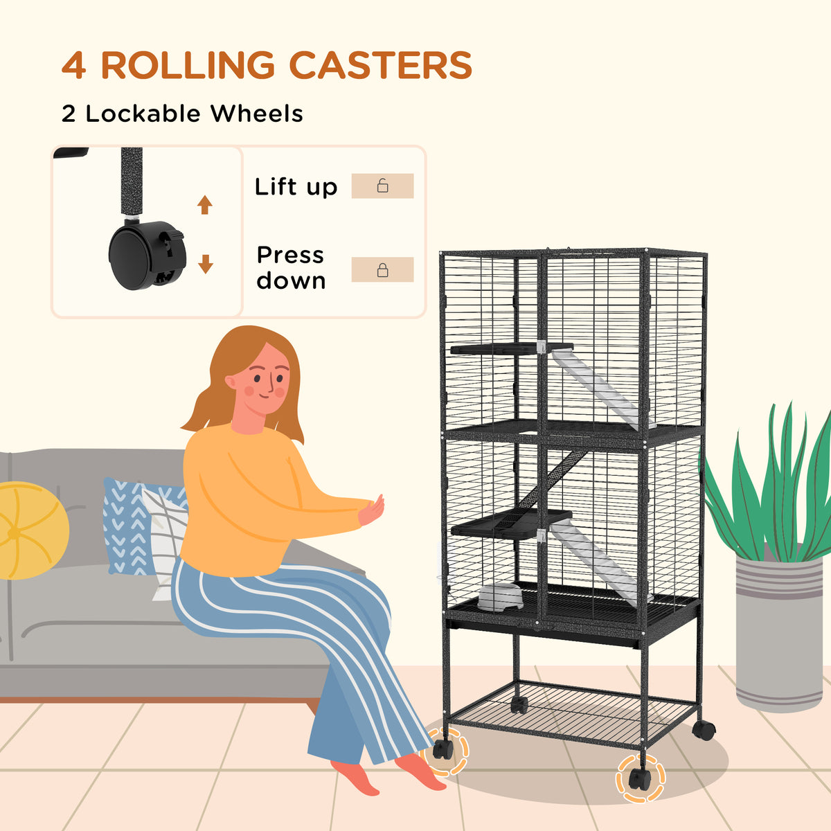 Cage à roulettes pour petits animaux à 4 niveaux