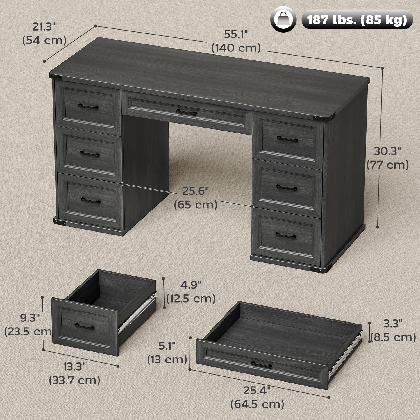 Bureau d'ordinateur 7 tiroirs style fermette 140 cm