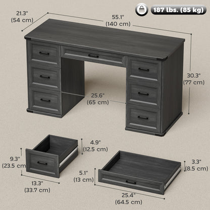 Bureau d'ordinateur 7 tiroirs style fermette 140 cm