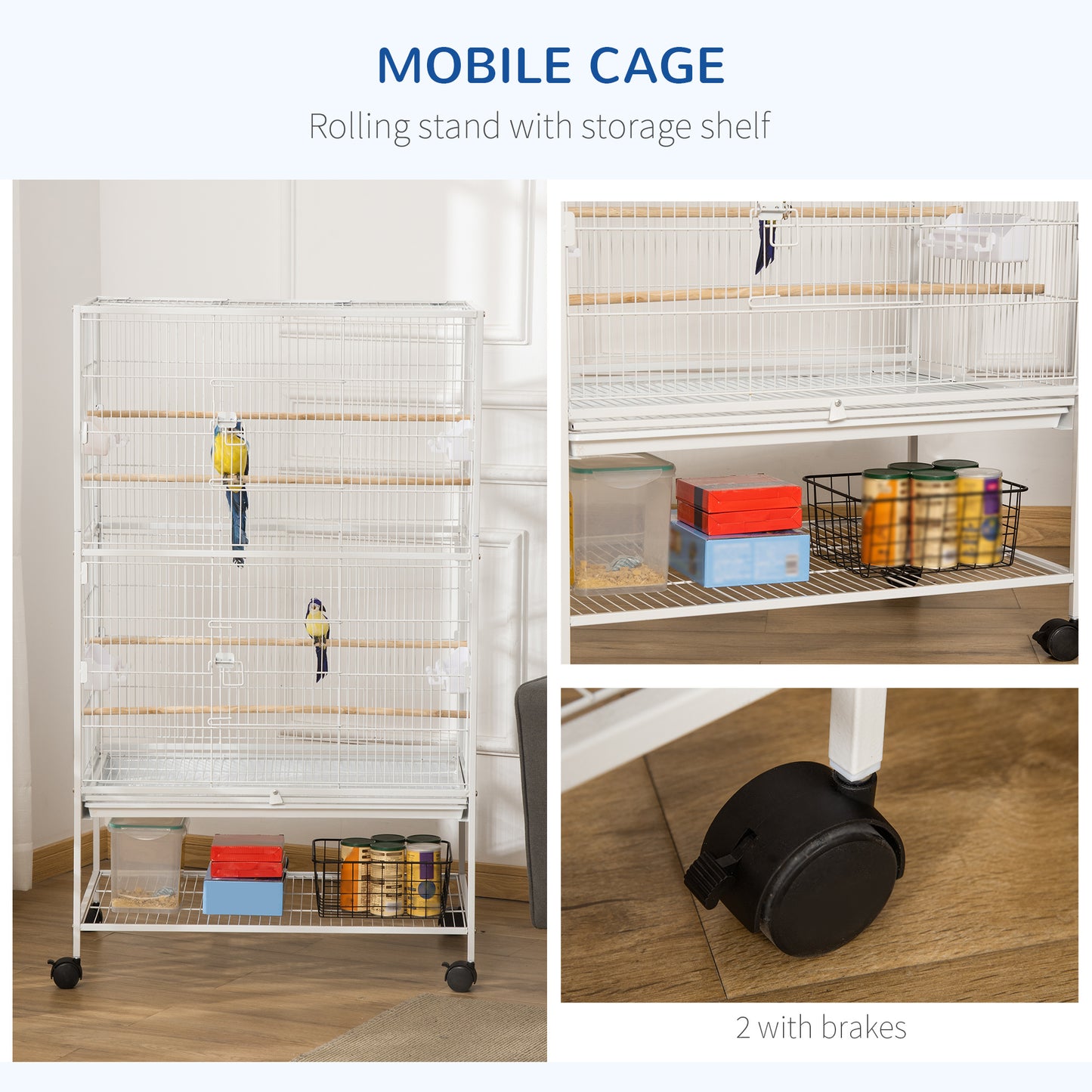 Grande cage à oiseaux en acier avec roulettes et perchoirs
