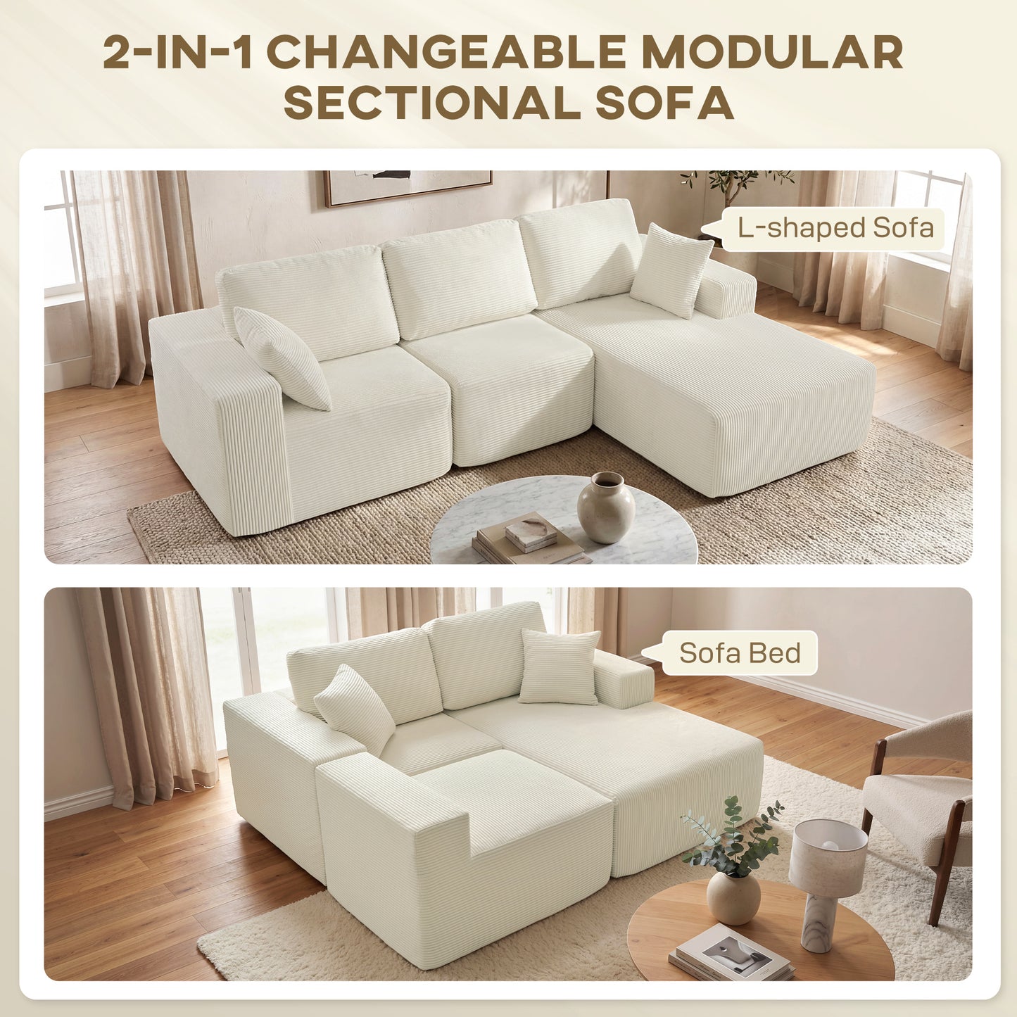 Sofa sectionnel modulaire 2-en-1 forme L en velours côtelé