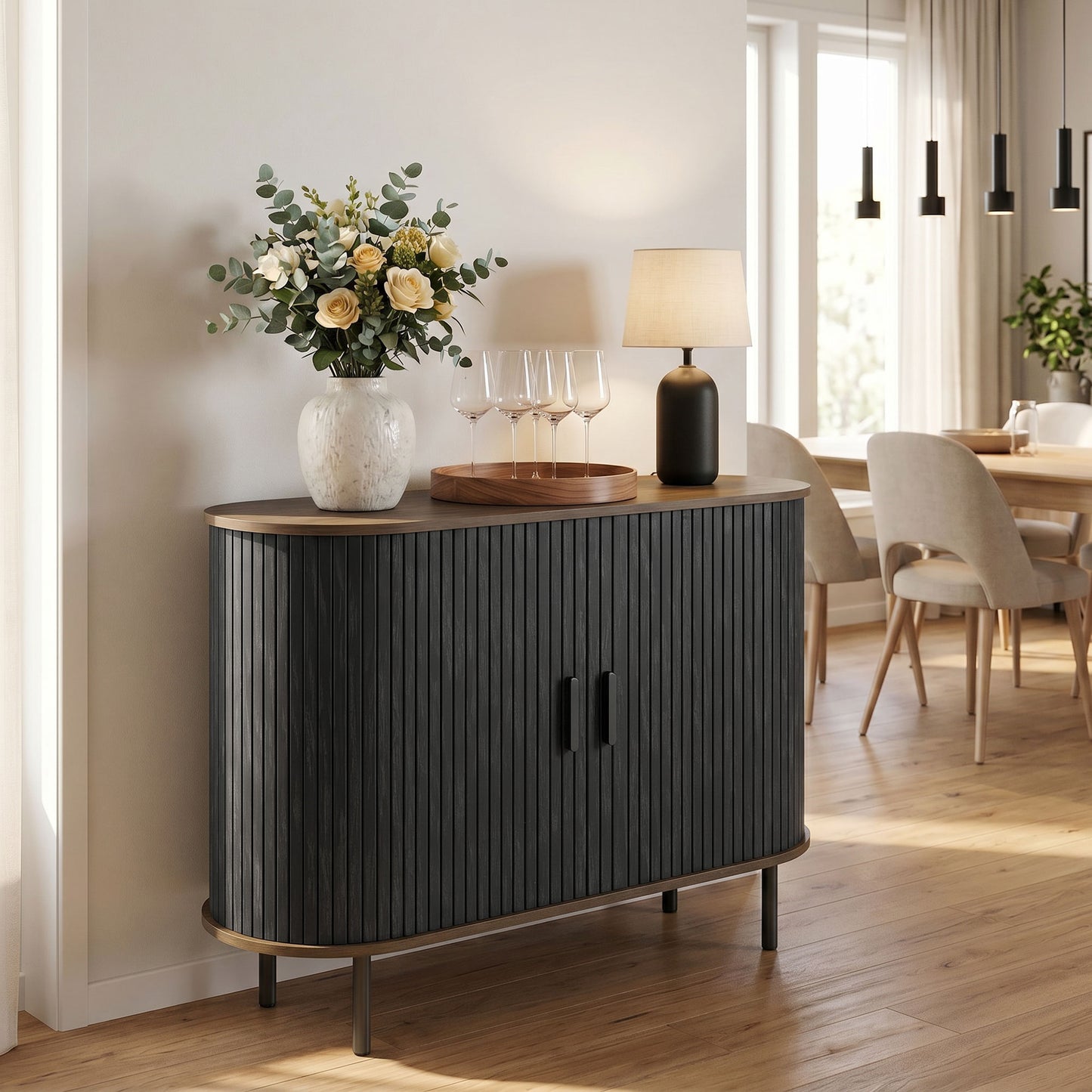 Buffet bas portes tambour coulissantes rangement ajustable