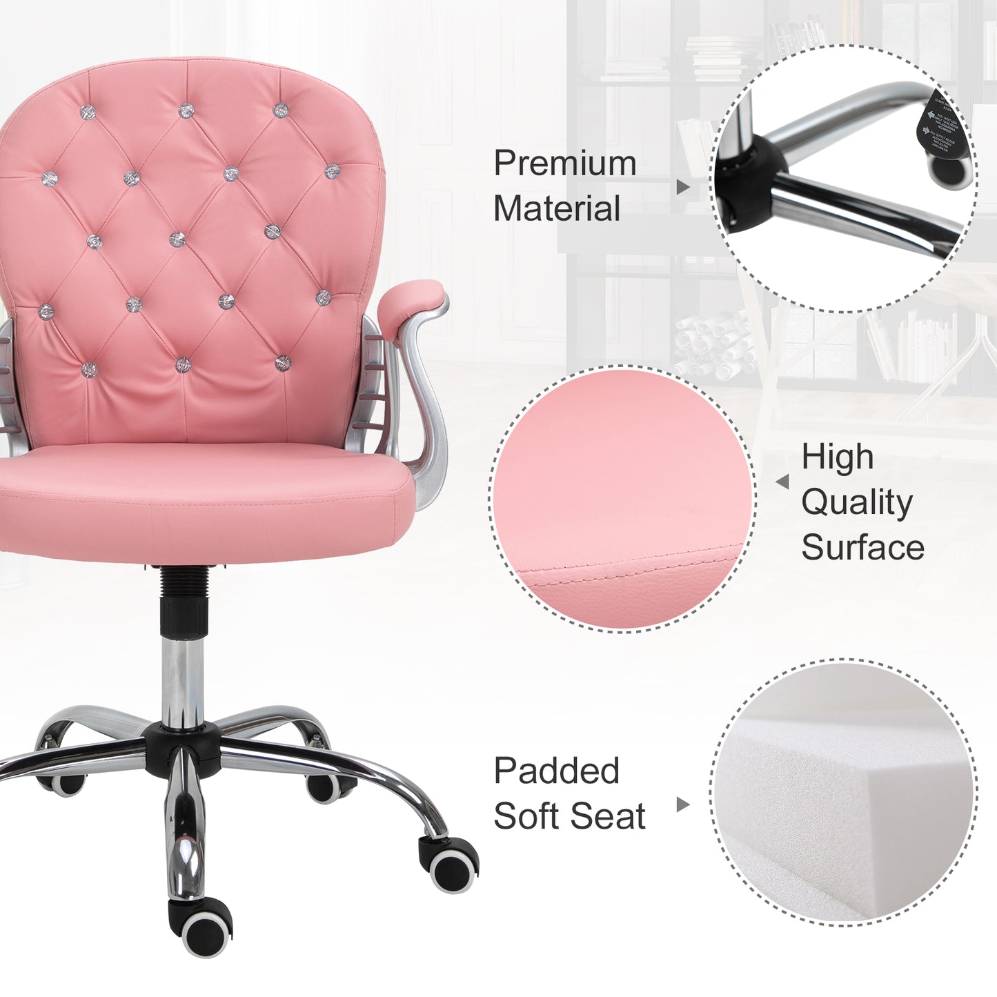 Chaise de bureau capitonnée cuir synthétique cristaux décoratifs