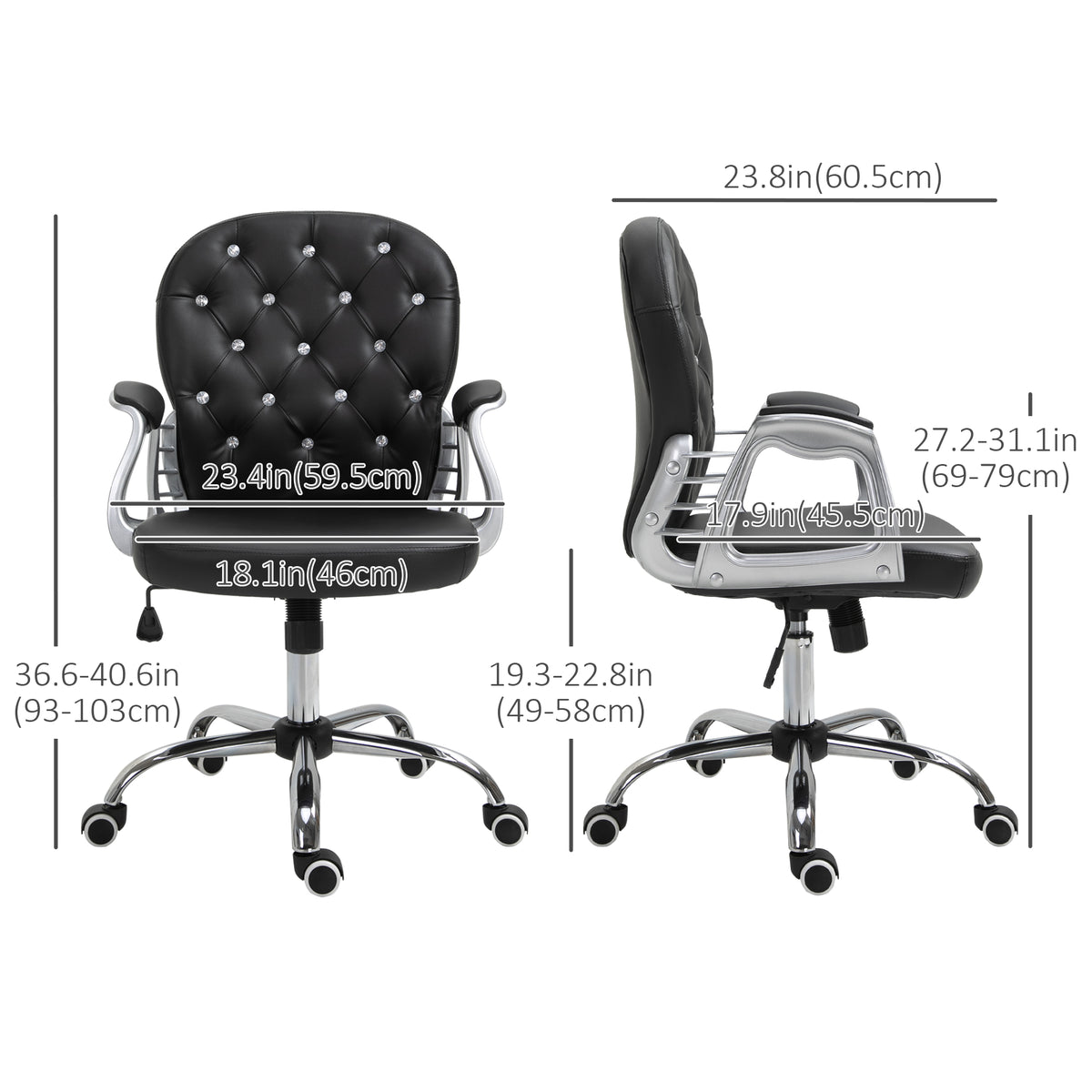 Chaise de bureau capitonnée cuir synthétique cristaux décoratifs