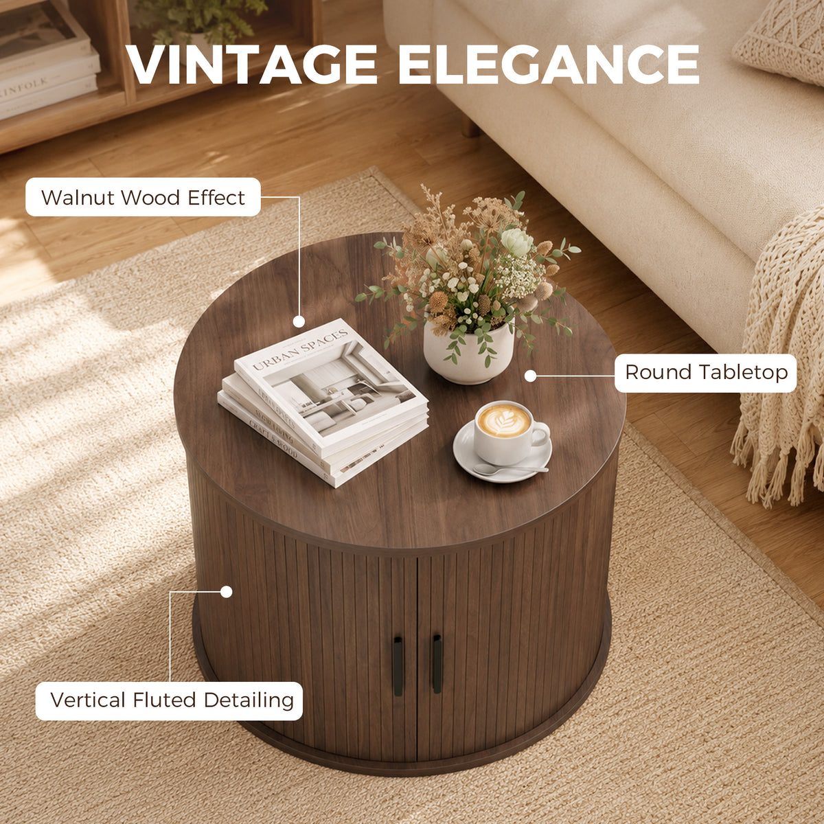 Table basse ronde à plateau relevable et rangement