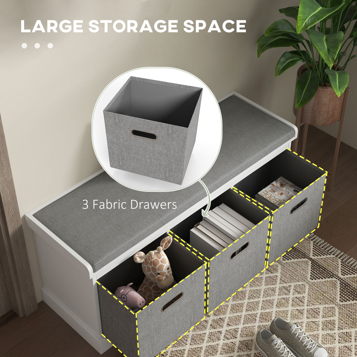 Banc de rangement pour chaussures avec coussin et tiroirs