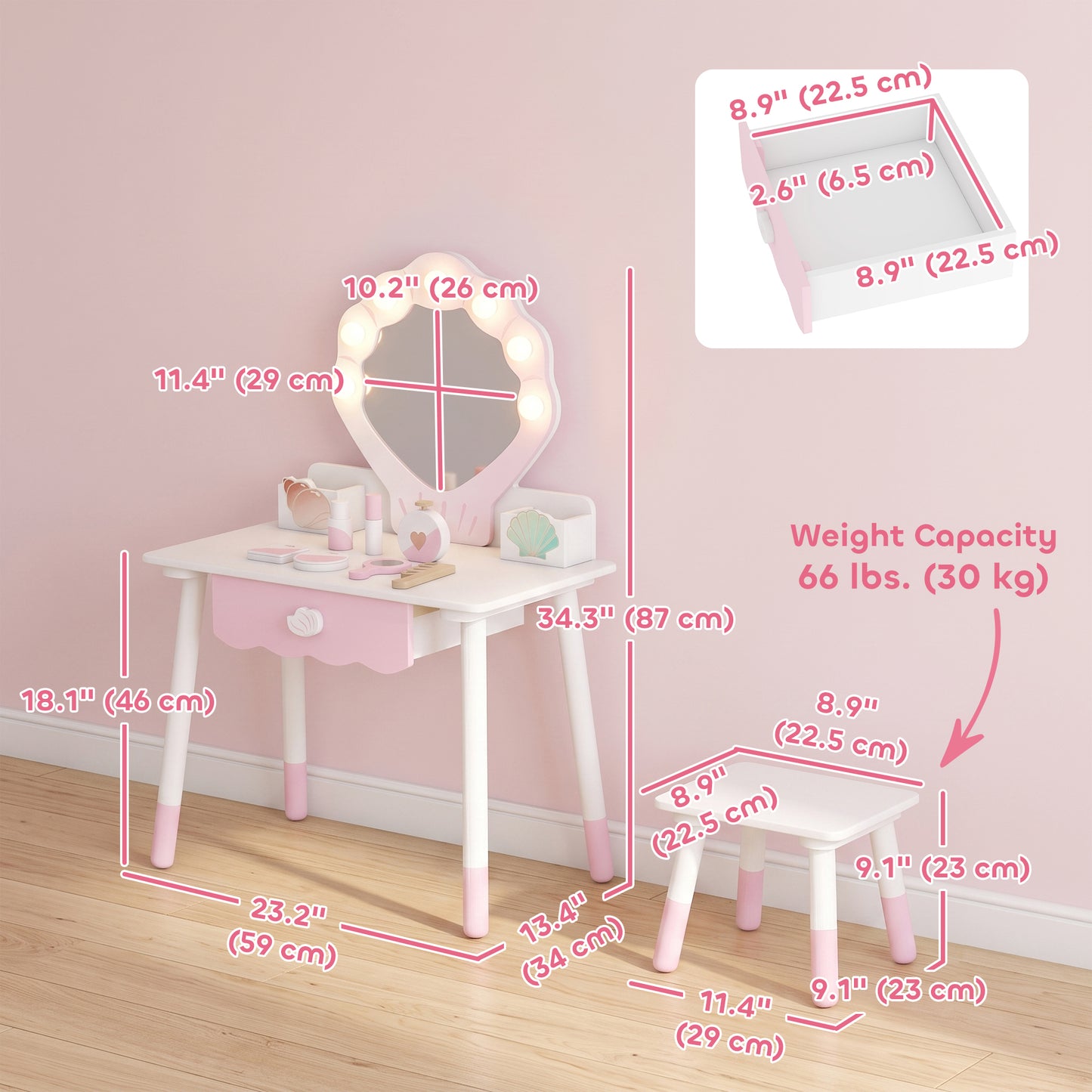 Coiffeuse enfant avec lumières, miroir et tabouret