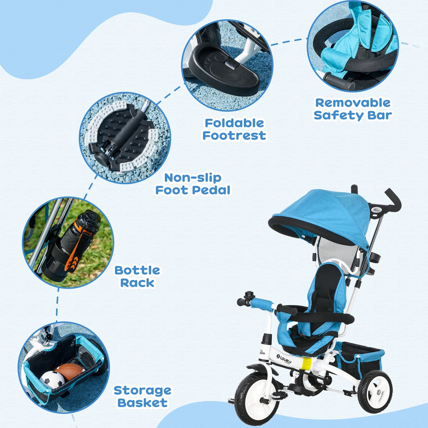 Tricycle 6-en-1 pour tout-petits avec panier et harnais
