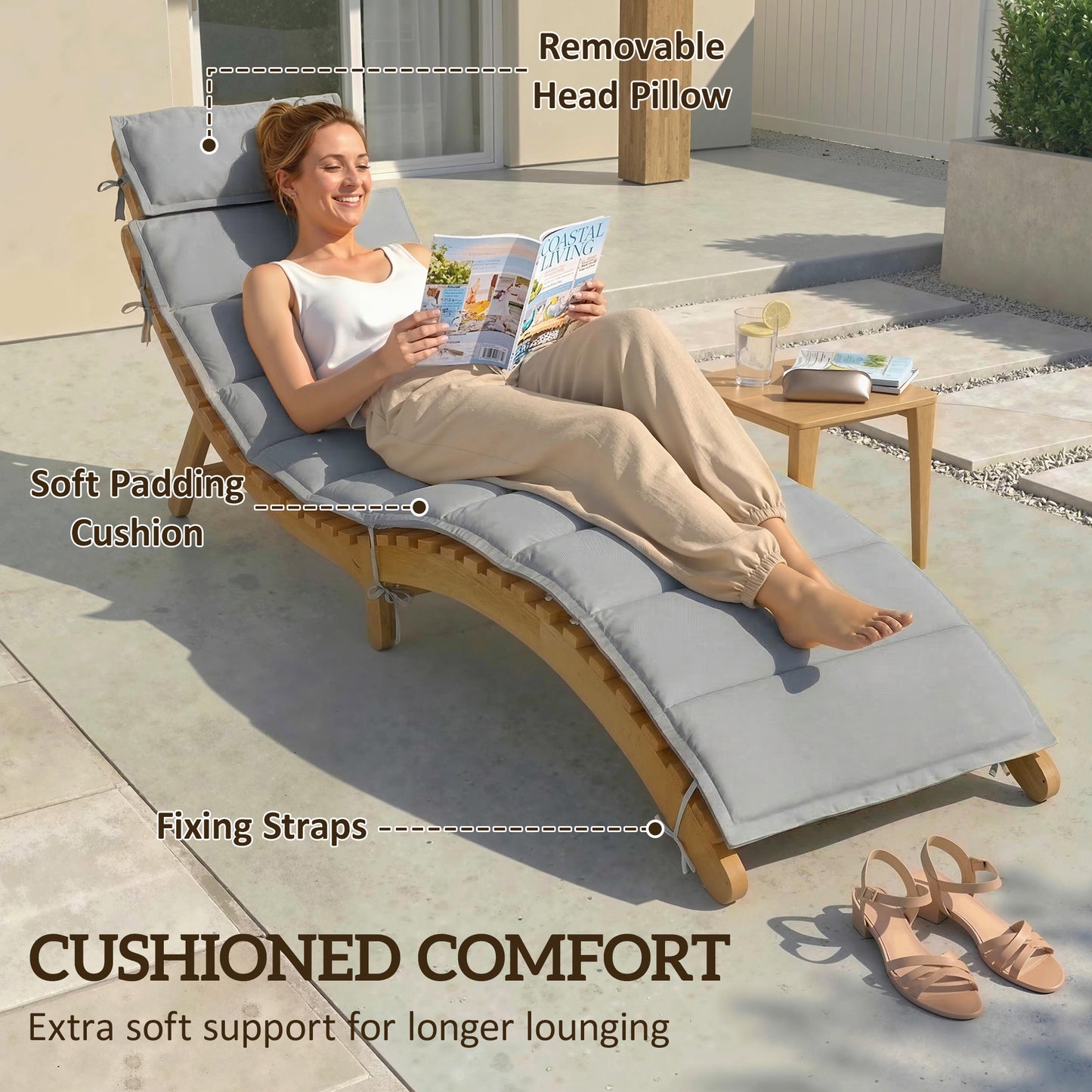Chaise longue pliante en bois d'acacia avec coussin
