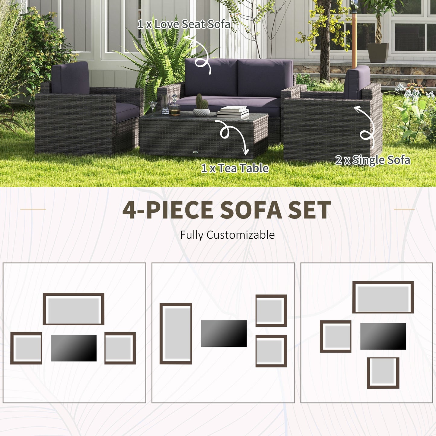 Ensemble de meubles de patio rotin 4 pièces avec coussins