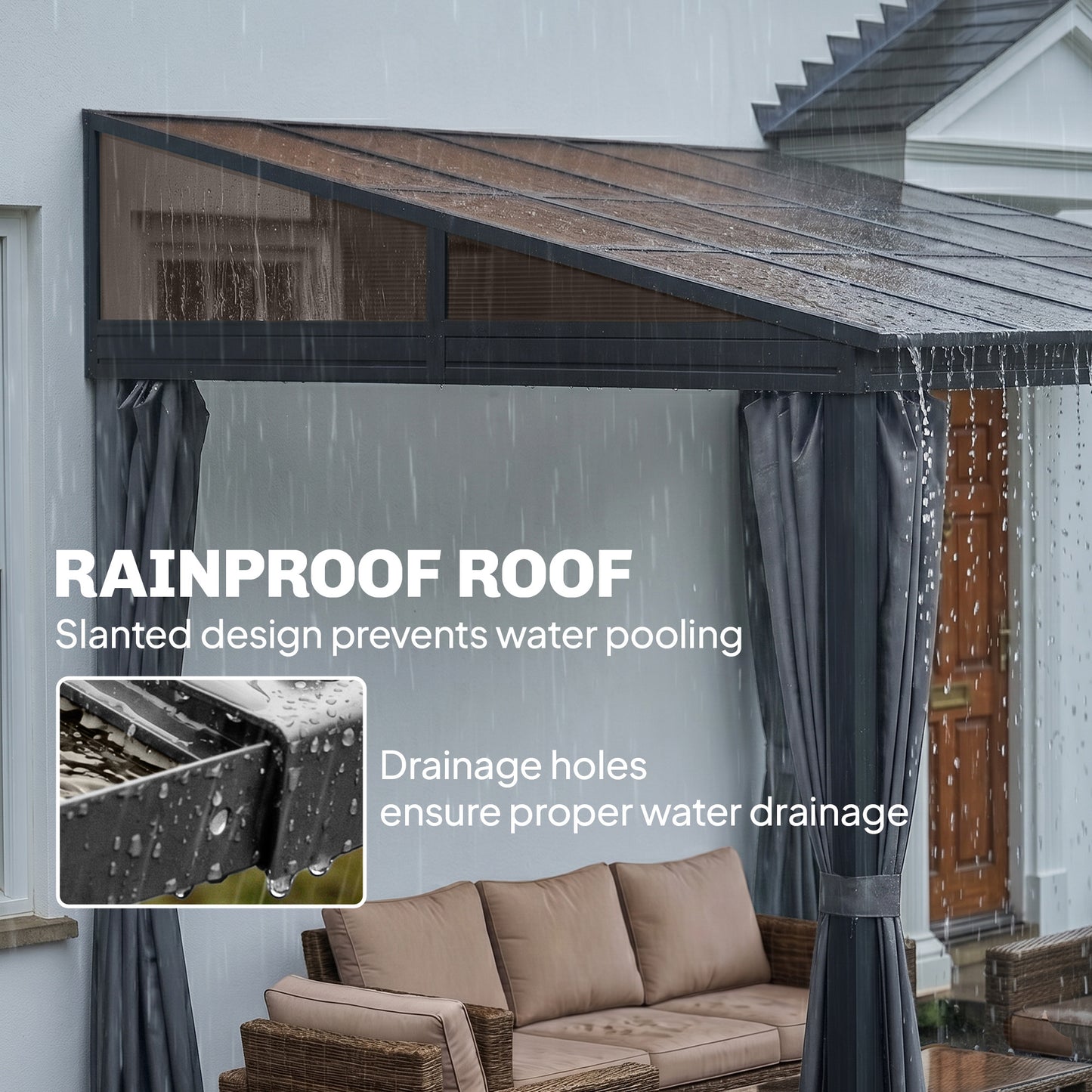 Pergola aluminium toit polycarbonate avec rideaux