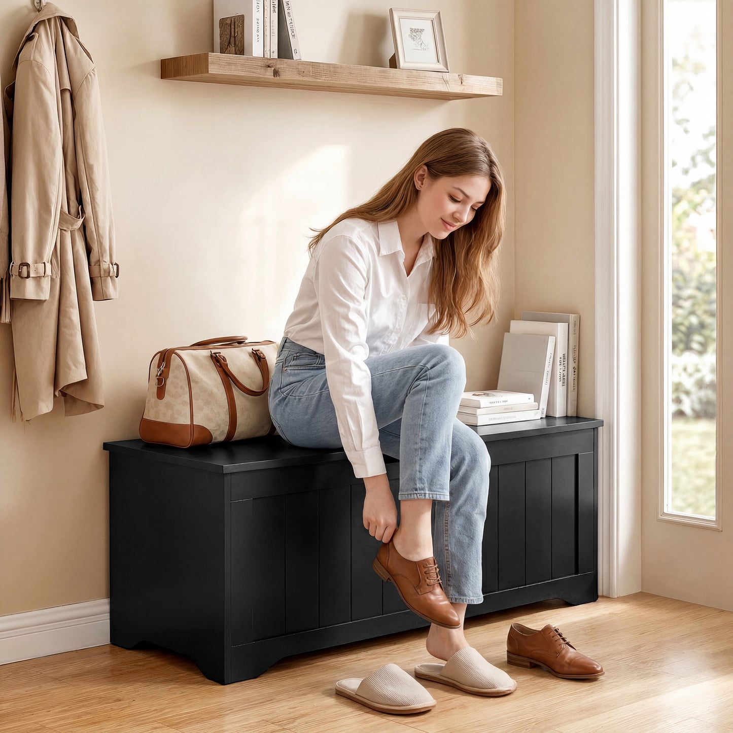 Banc coffre à couvercle relevable avec charnières de sécurité