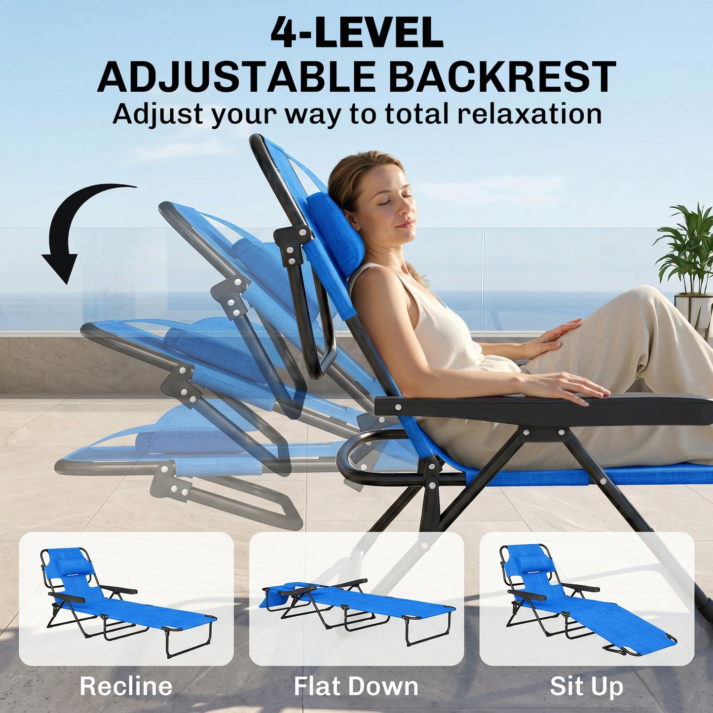 Chaise longue pliante avec dossier inclinable