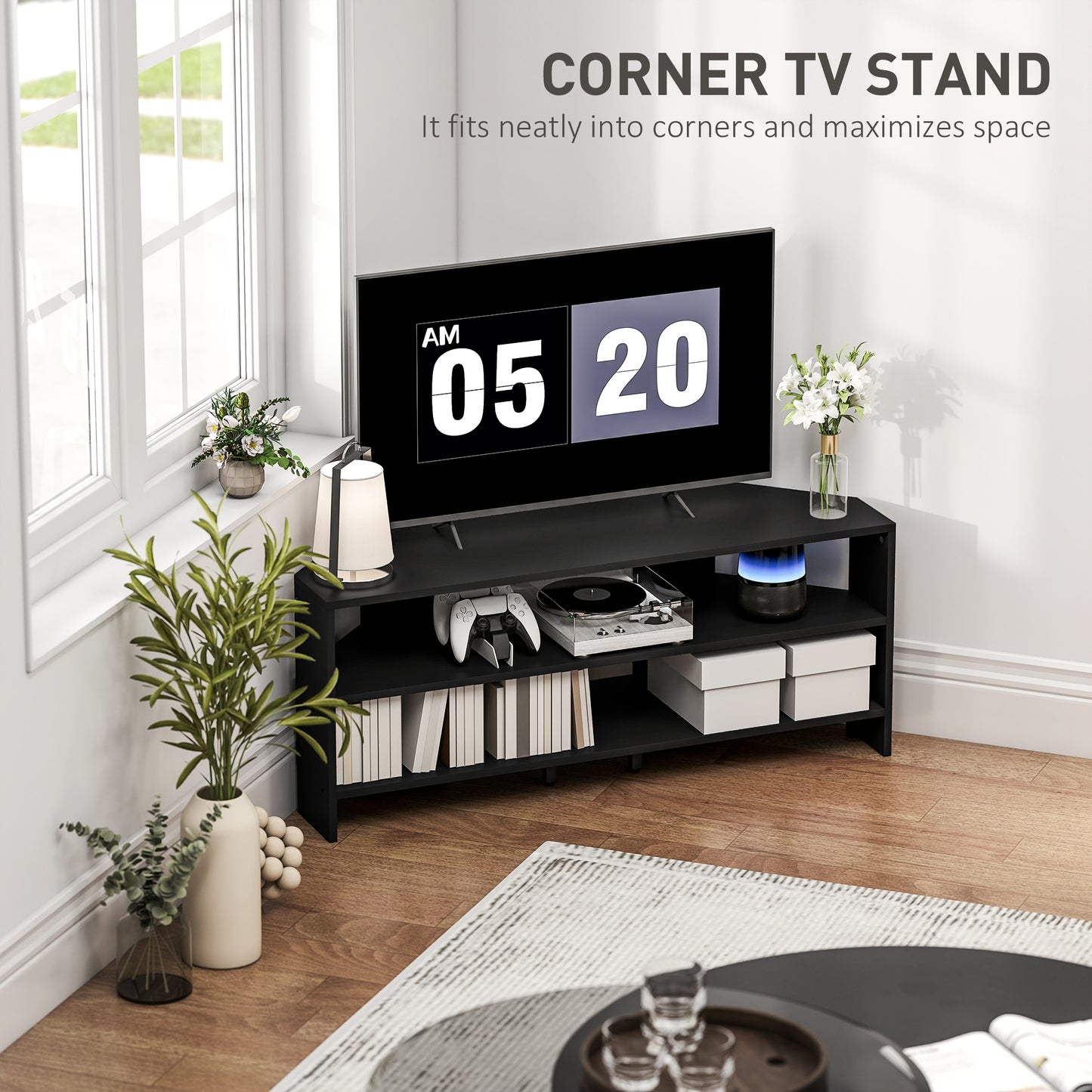 Meuble TV de coin avec 2 tablettes ouvertes