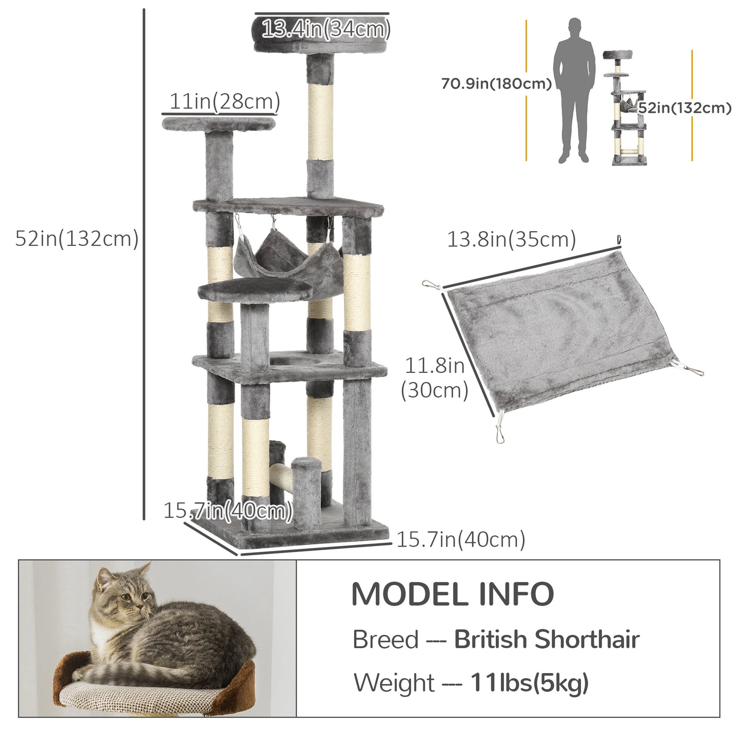 Tour à chat multi-niveaux 132 cm avec hamac