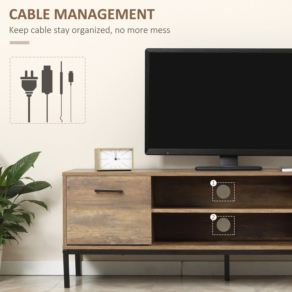 Meuble TV moderne avec rangement et tablettes ouvertes