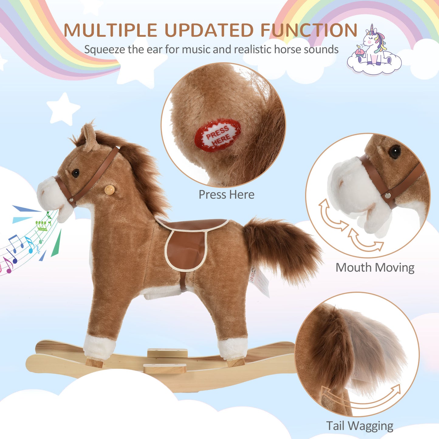 Cheval à bascule en peluche avec sons et base en bois