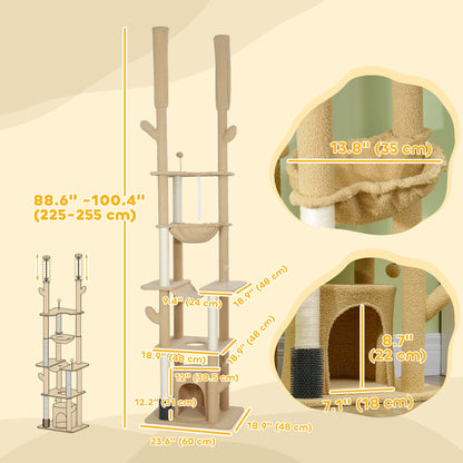 Arbre à chat plafond-sol ajustable 225-255cm avec hamacs
