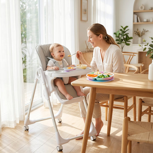 Chaise haute pliable avec double plateau et roulettes