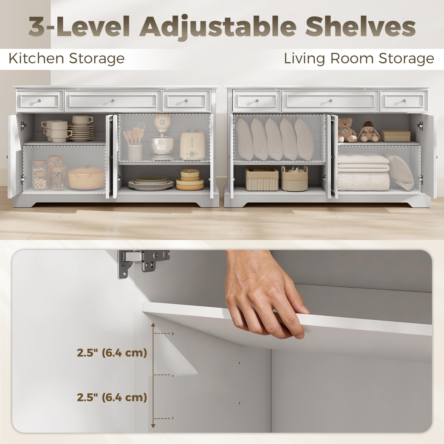 Buffet bahut portes soft-close 3 tiroirs 137 cm