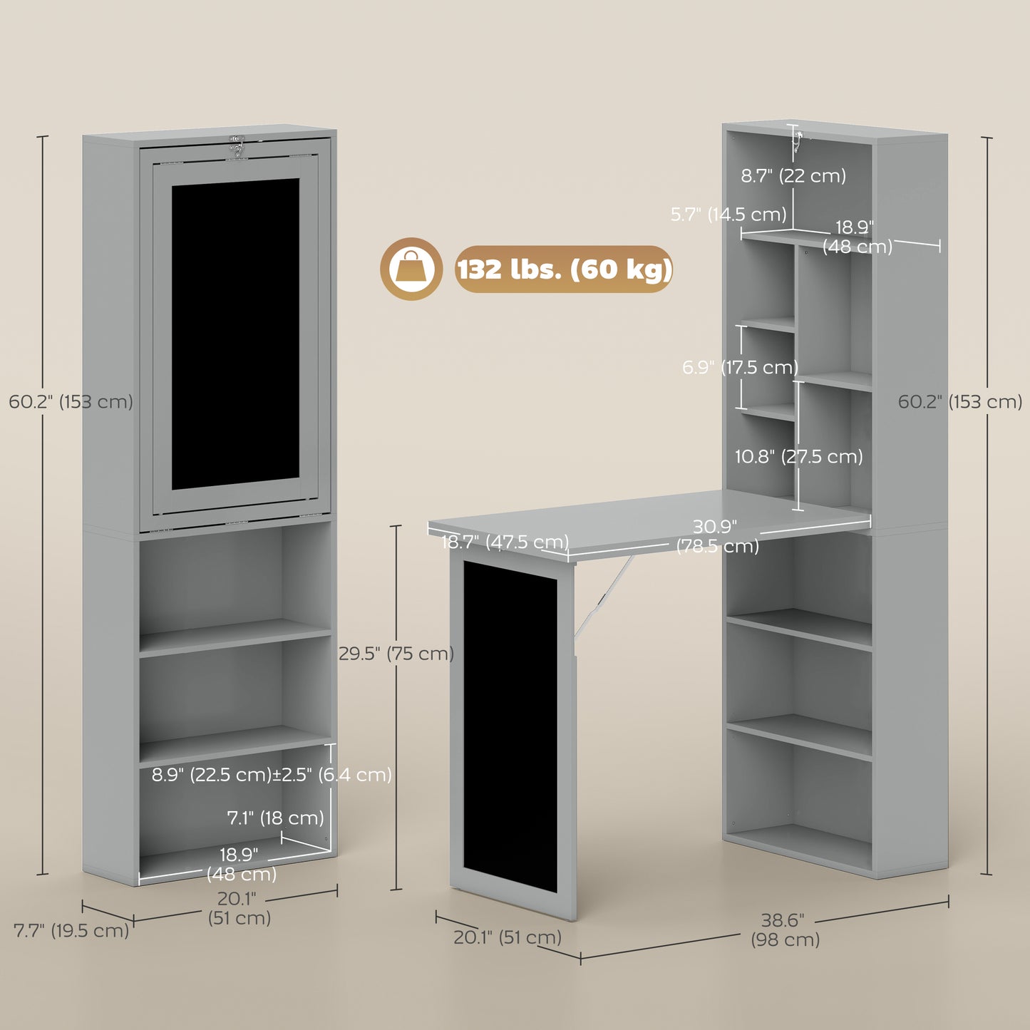 Bureau mural rabattable avec tableau noir et étagère