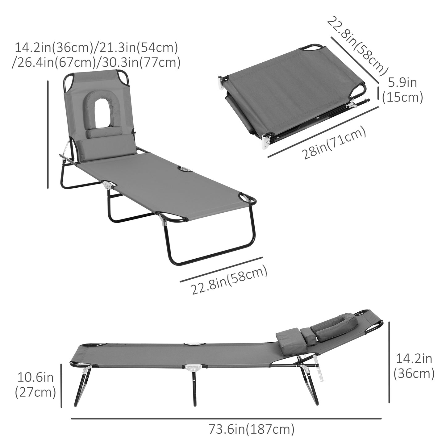 Chaise longue pliante avec trou visage ajustable