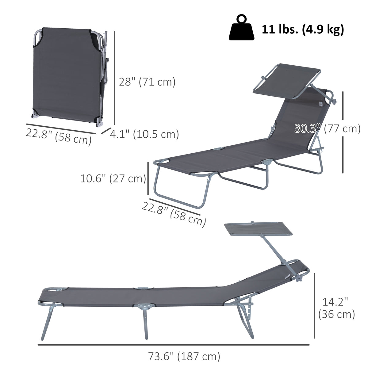 Chaise longue pliante avec auvent réglable