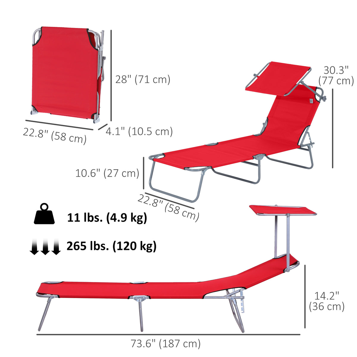 Chaise longue pliante avec auvent réglable