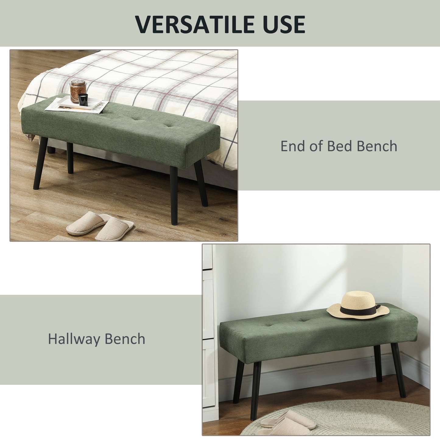 Banc capitonné en velours côtelé pieds en acier