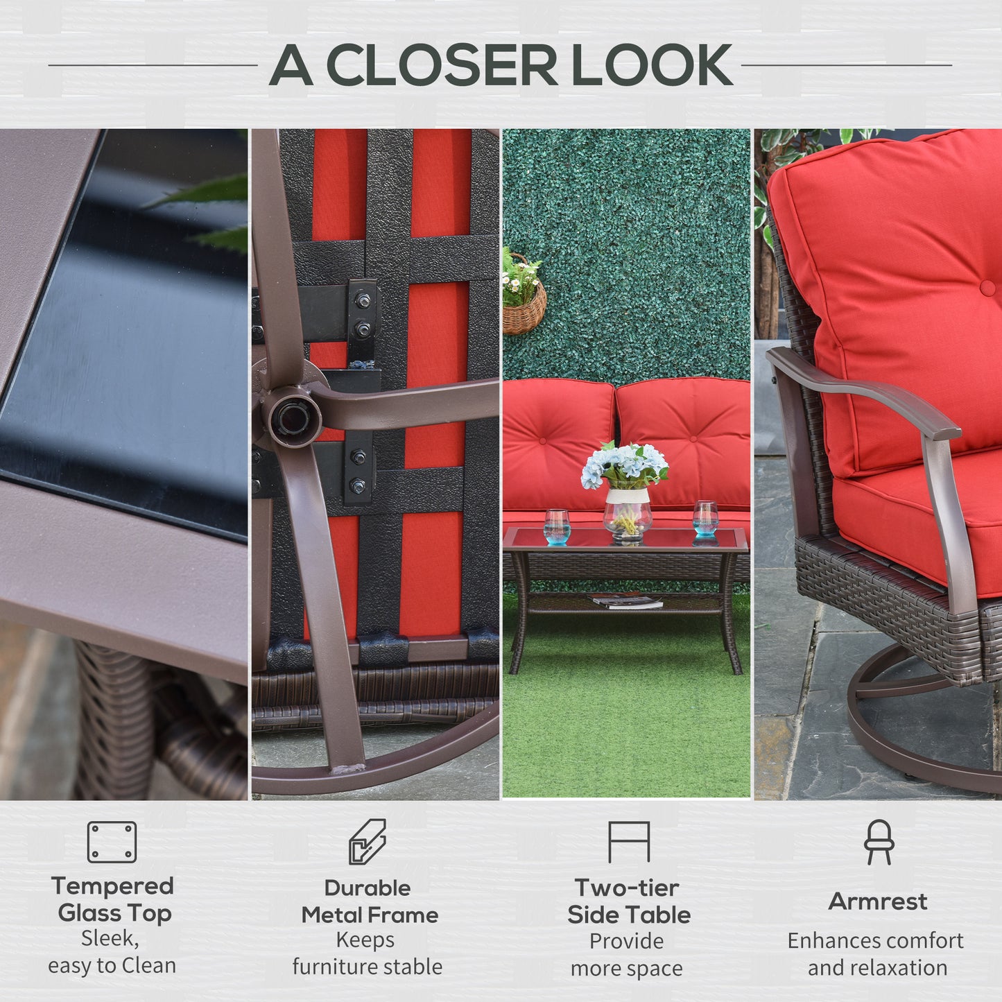 Outsunny 4 Piece Red PE Rattan Patio Set - Sofas + Coffee Table