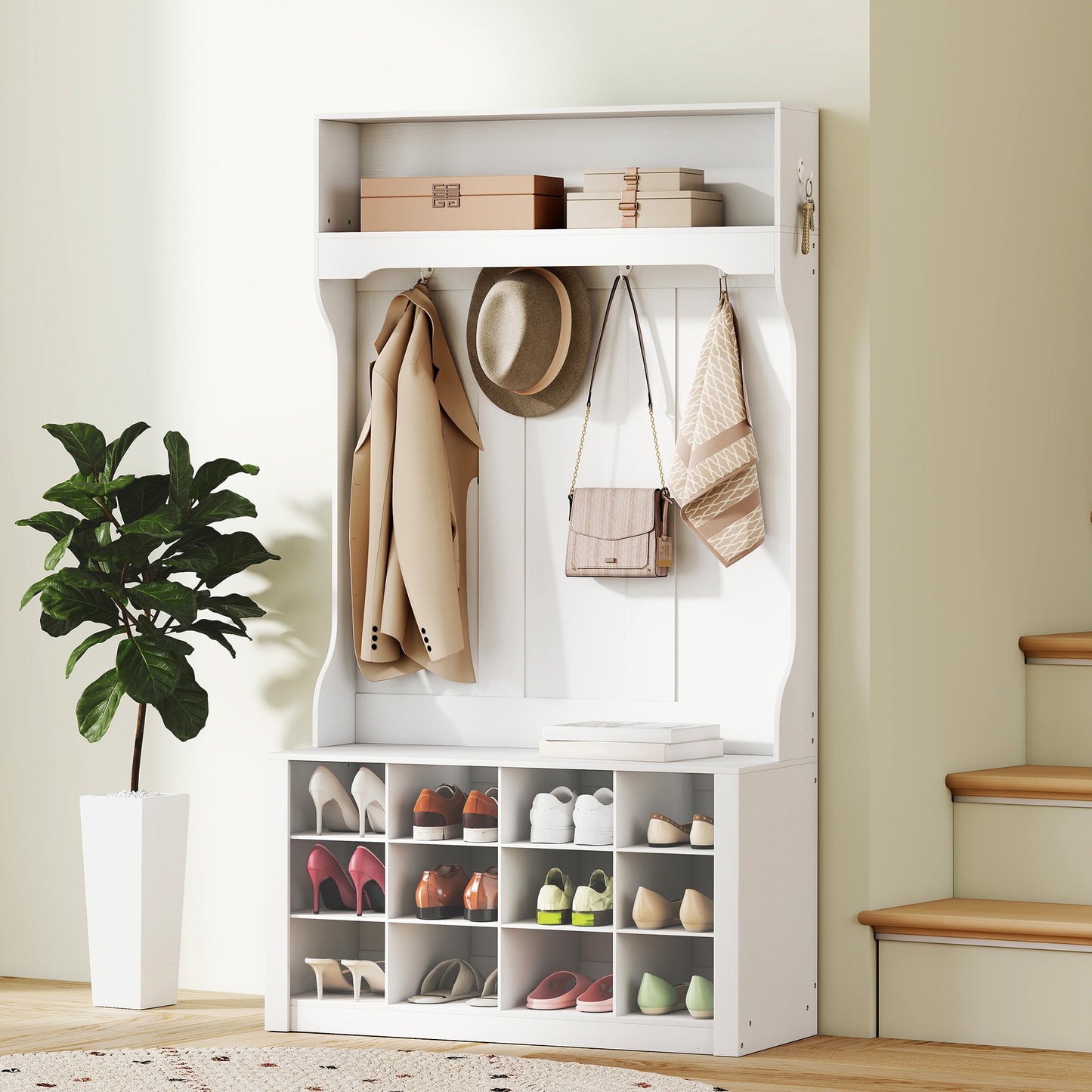 Hall tree 4-en-1 avec banc et 12 casiers à chaussures