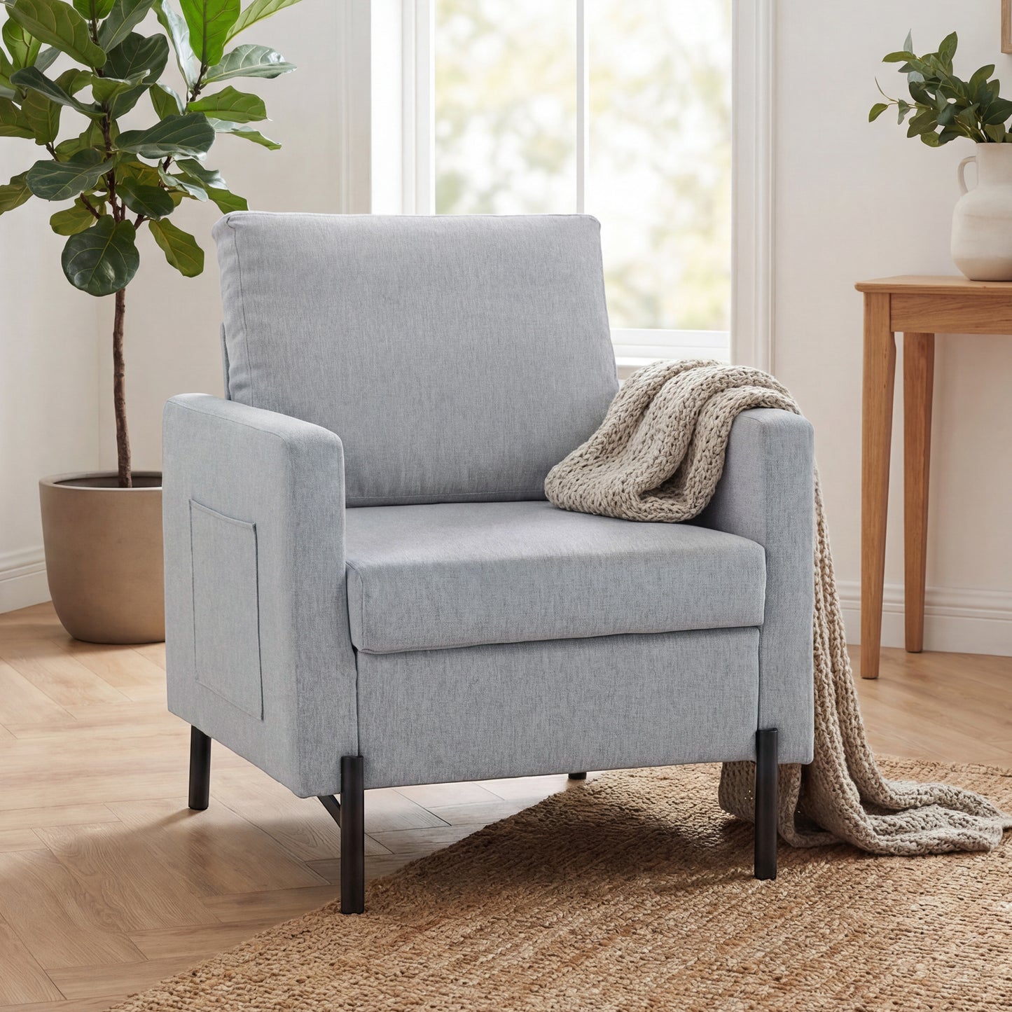 Fauteuil d'appoint rembourré avec poches latérales