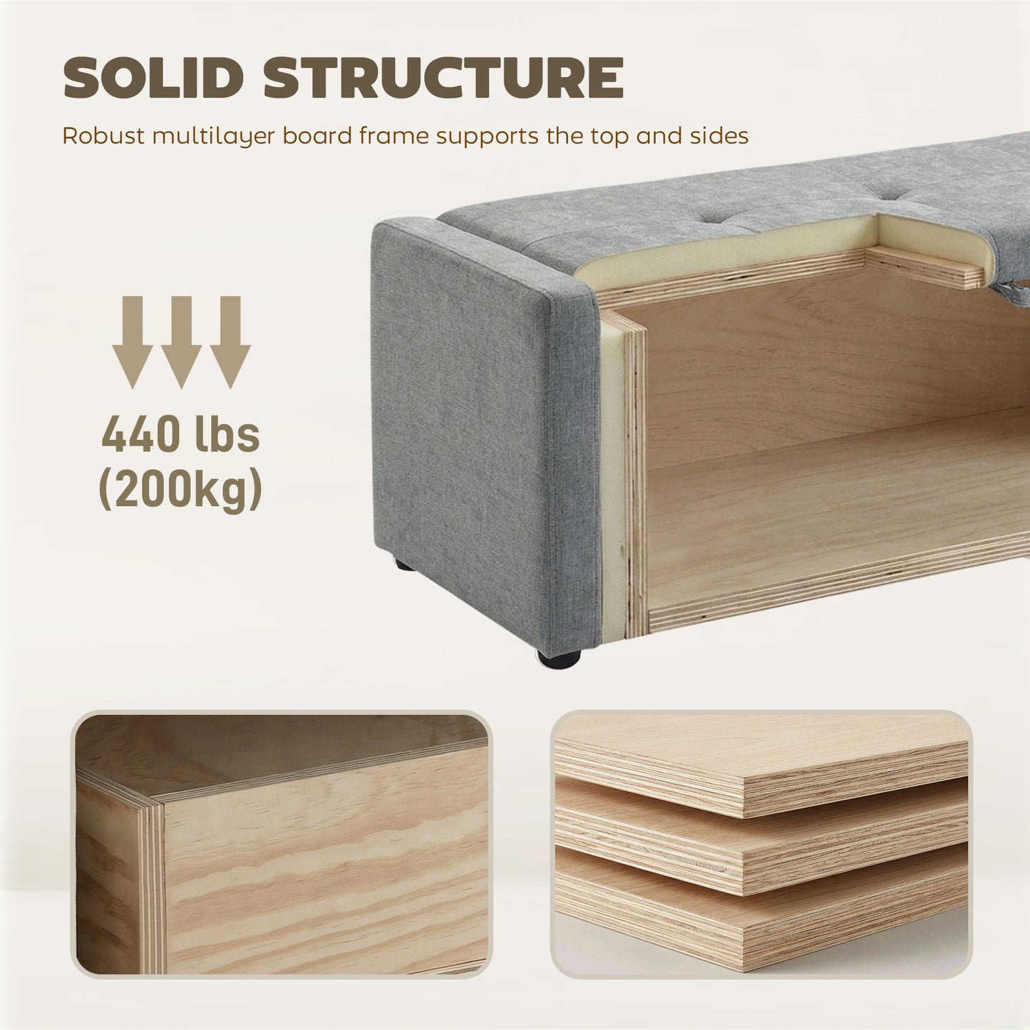 Banc coffre rembourré tissu lin grand format