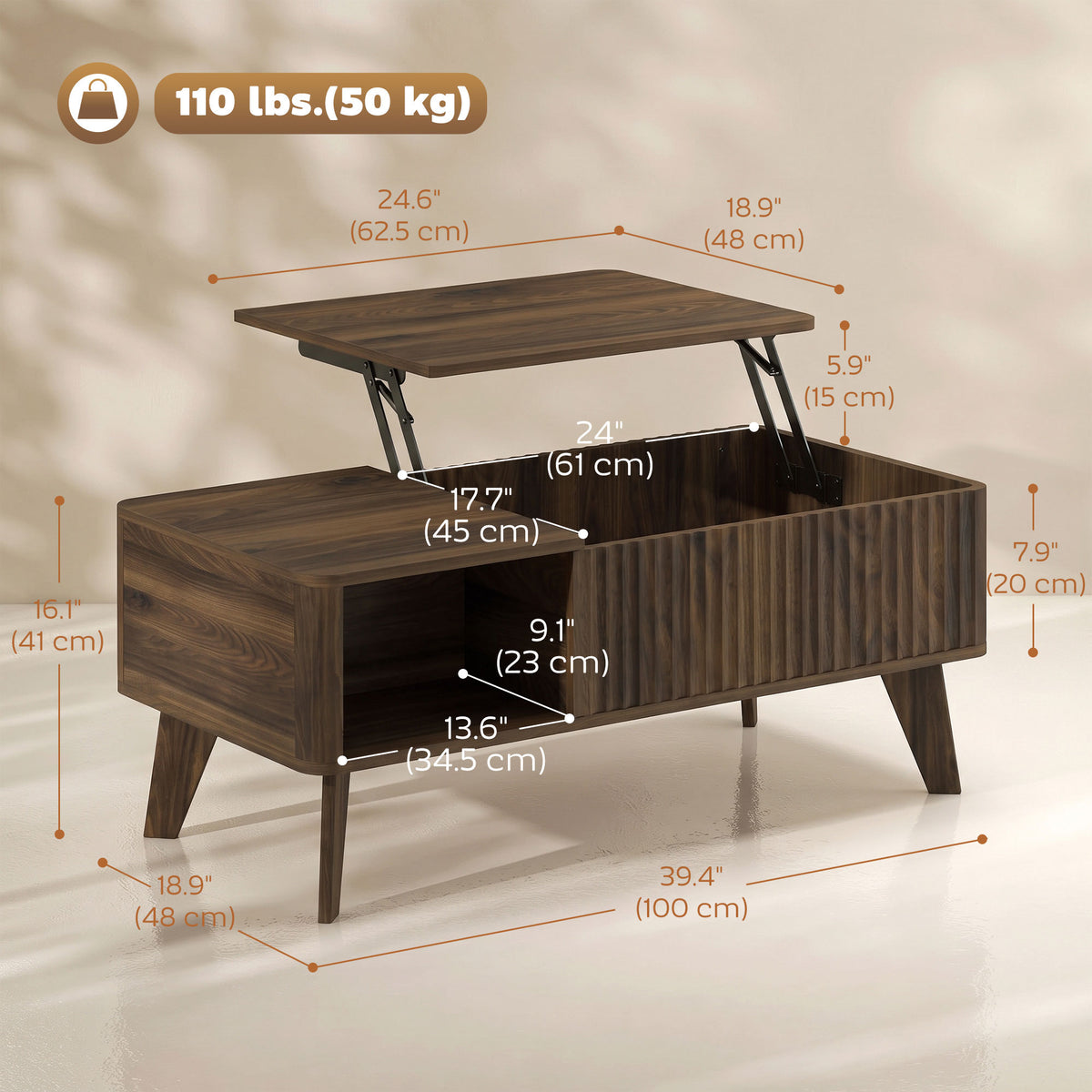 Table basse relevable cannelée 100 cm