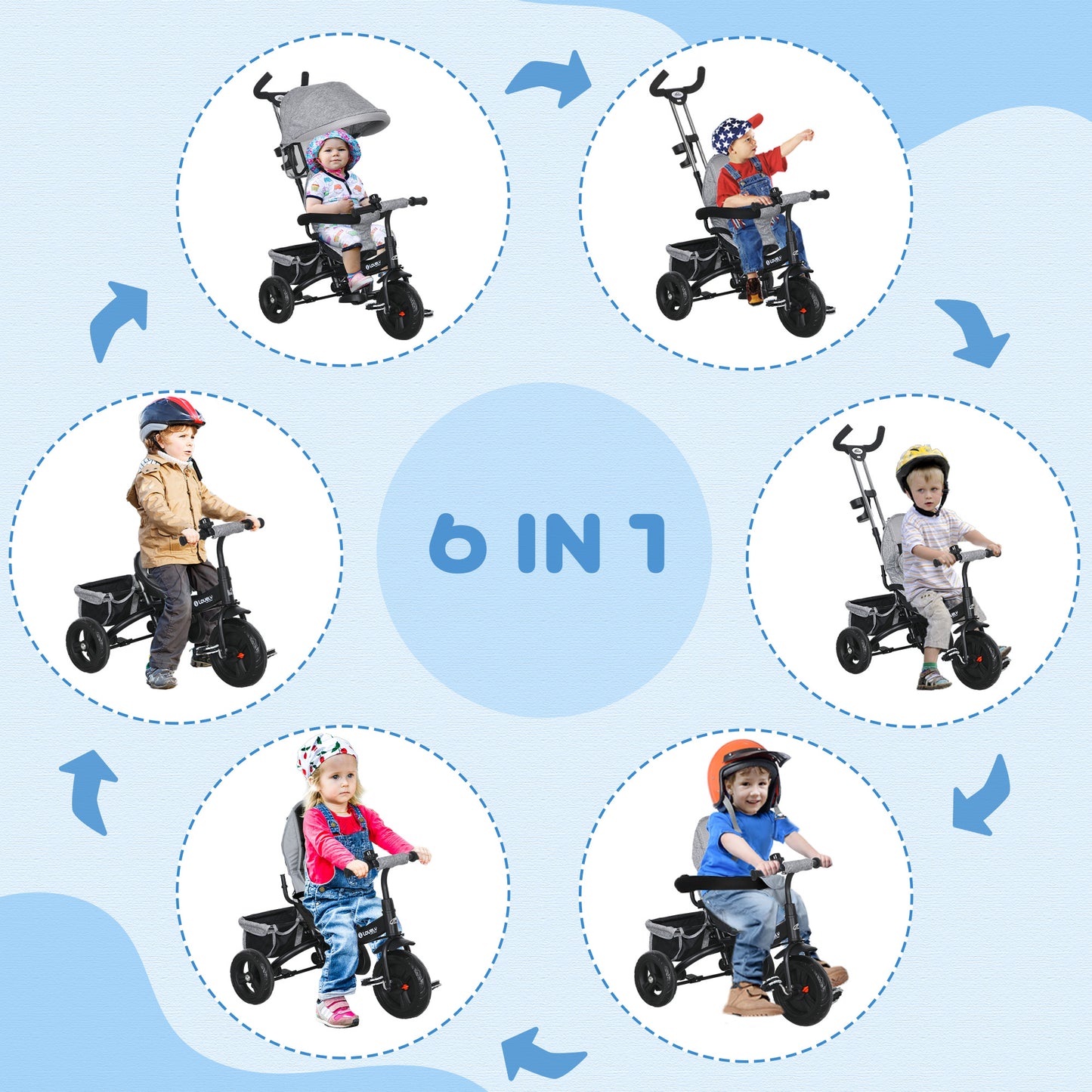 Tricycle 6-en-1 pour tout-petits avec panier et harnais