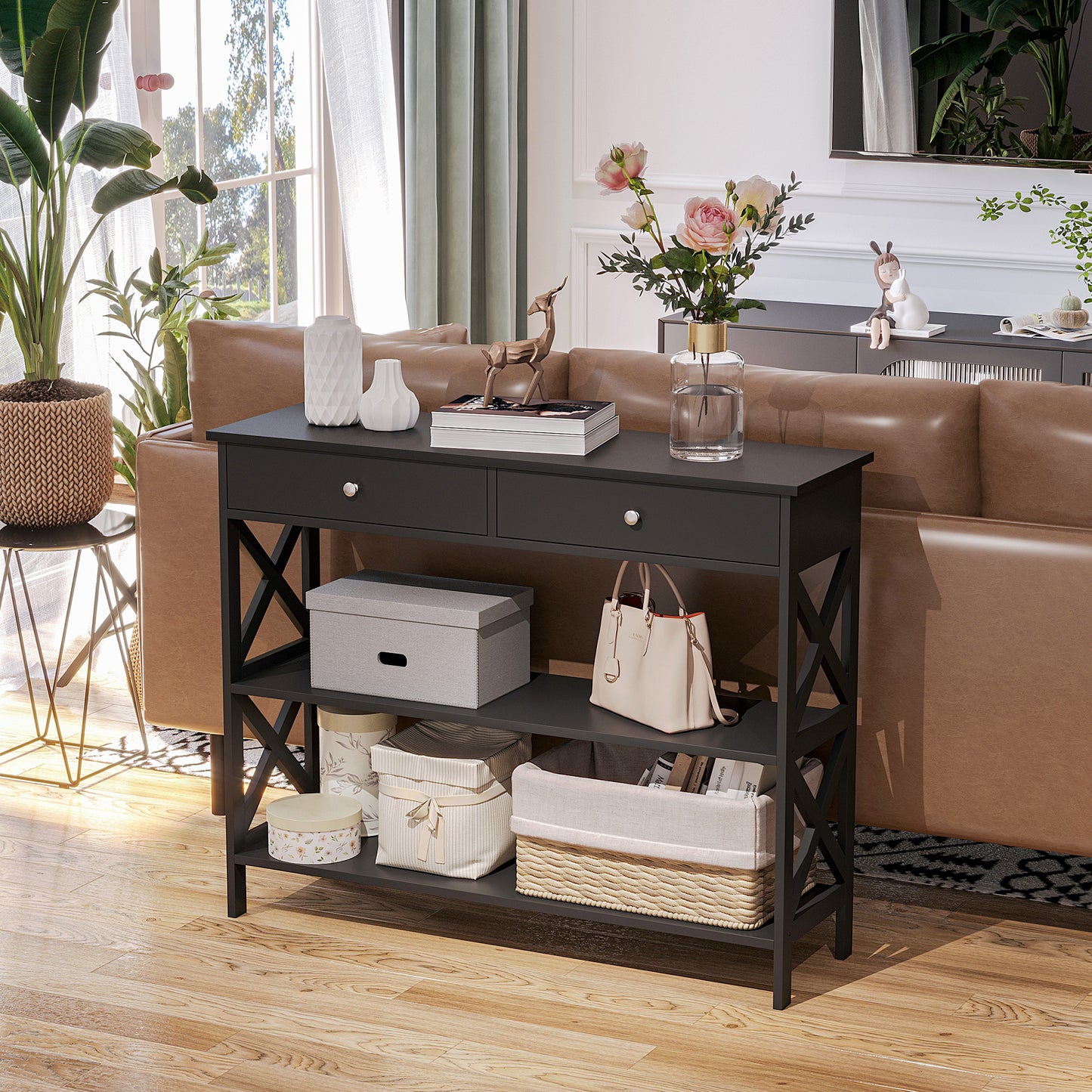 Table console étroite 99 cm avec tiroirs et étagères