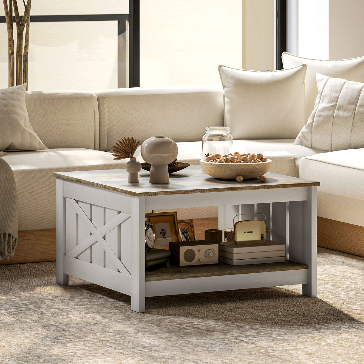 Table basse carrée style campagnard 2 niveaux 80 x 80 cm