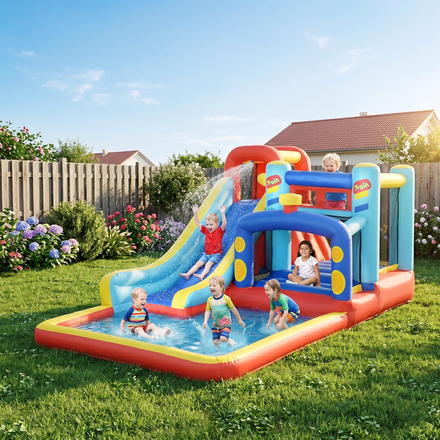 Château gonflable 4 en 1 avec glissade et piscine