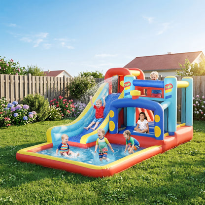 Château gonflable 4 en 1 avec glissade et piscine