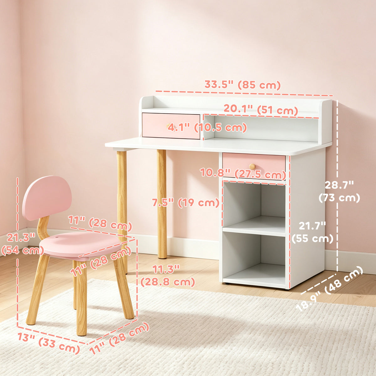 Bureau d'étude et chaise pour enfants avec rangement