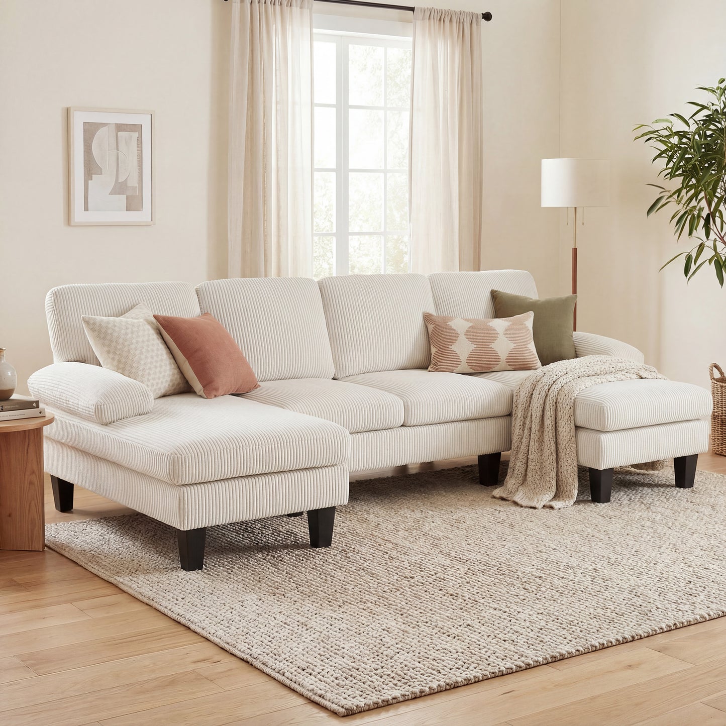 Sofa sectionnel en U avec double chaise en velours côtelé